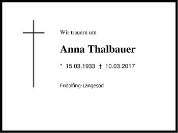 Traueranzeige von Anna Thalbauer von Region Chiemgau