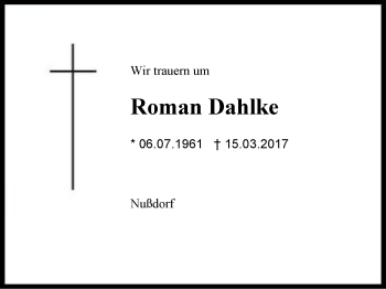 Traueranzeige von Roman Dahlke von Region Chiemgau