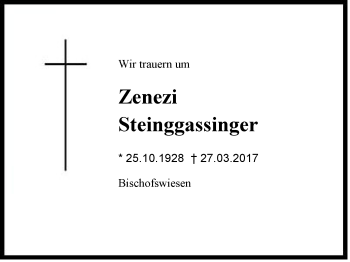 Traueranzeige von Zenzi Steinggassinger von Region Berchtesgadener Land