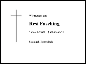 Traueranzeige von Resi Fasching von Region Chiemgau