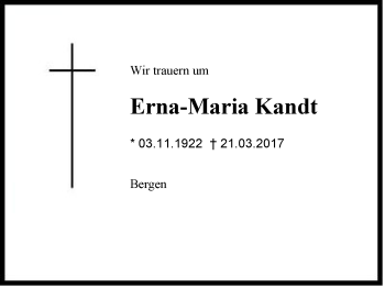 Traueranzeige von Erna-Maria Kandt von Region Chiemgau