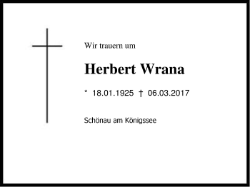 Traueranzeige von Herbert Wrana von Region Berchtesgadener Land