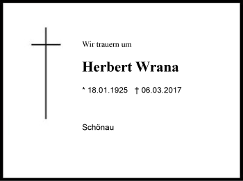 Traueranzeige von Herbert Wrana von Region Chiemgau