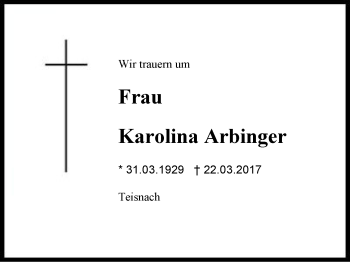 Traueranzeige von Karolina Arbinger von Region Berchtesgadener Land