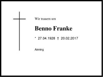 Traueranzeige von Benno Franke von Region Berchtesgadener Land
