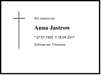 Traueranzeige von Anna Jastrow von Region Berchtesgadener Land