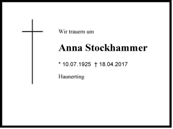 Traueranzeige von Anna Stockhammer von Region Chiemgau