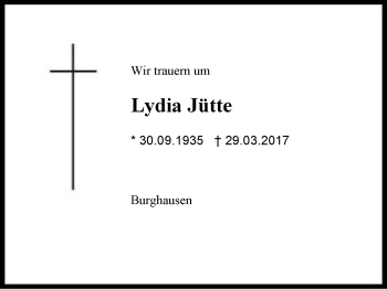 Traueranzeige von Lydia Jütte von Region Berchtesgadener Land