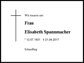 Traueranzeige von Elisabeth Spannmacher von Region Berchtesgadener Land