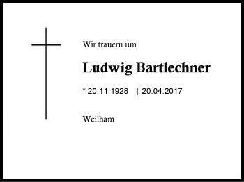 Traueranzeige von Ludwig Bartlechner von Region Berchtesgadener Land