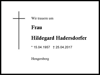 Traueranzeige von Hildegard Hadersdorfer von Region Berchtesgadener Land