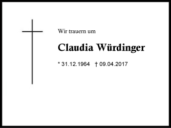 Traueranzeige von Claudia Würdinger von Region Berchtesgadener Land