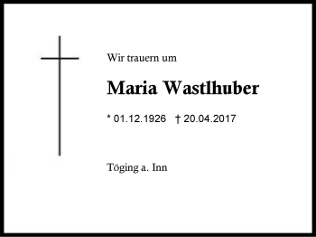 Traueranzeige von Maria Wastlhuber von Region Berchtesgadener Land