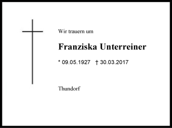 Traueranzeige von Franziska Unterreiner von Region Berchtesgadener Land