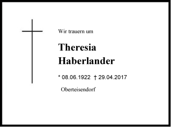 Traueranzeige von Theresia Haberlander von Region Berchtesgadener Land