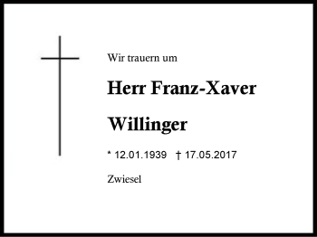 Traueranzeige von Franz-Xaver Willinger von Region Berchtesgadener Land