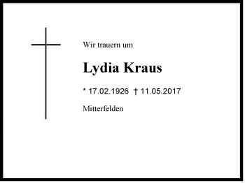 Traueranzeige von Lydia  Kraus von Region Berchtesgadener Land