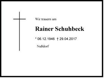 Traueranzeige von Rainer Schuhbeck von Region Chiemgau