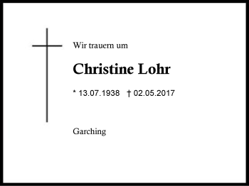 Traueranzeige von Christine Lohr von Region Berchtesgadener Land