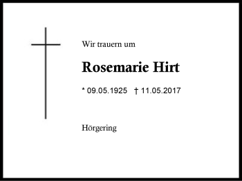 Traueranzeige von Rosemarie Hirt von Region Chiemgau