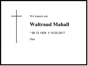 Traueranzeige von Waltraud Mahall von Region Chiemgau