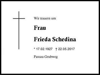 Traueranzeige von Frieda Schedina von Region Berchtesgadener Land