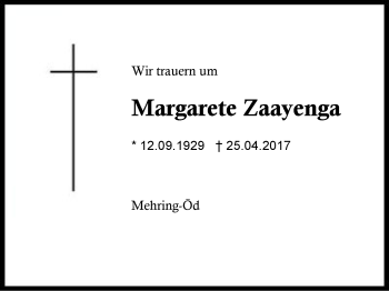 Traueranzeige von Margarete Zaayenga von Region Berchtesgadener Land