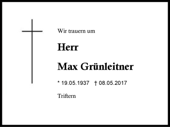 Traueranzeige von Max Grünleitner von Region Berchtesgadener Land