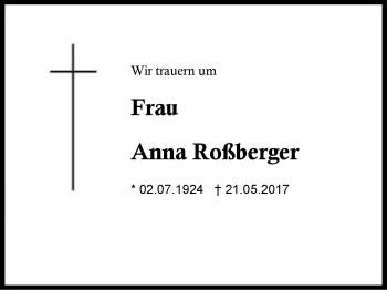Traueranzeige von Anna Roßberger von Region Berchtesgadener Land