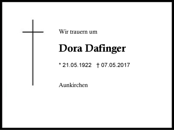 Traueranzeige von Dora Dafinger von Region Berchtesgadener Land