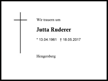 Traueranzeige von Jutta Ruderer von Region Berchtesgadener Land