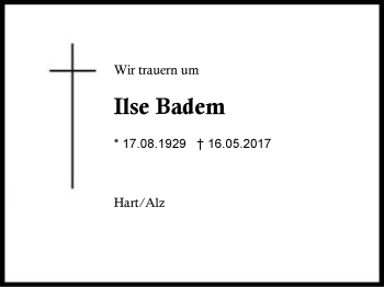 Traueranzeige von Ilse Badem von Region Berchtesgadener Land