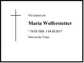 Traueranzeige von Maria  Wolfstetter von Region Chiemgau