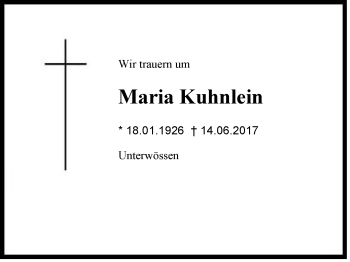 Traueranzeige von Maria Kuhnlein von Region Chiemgau