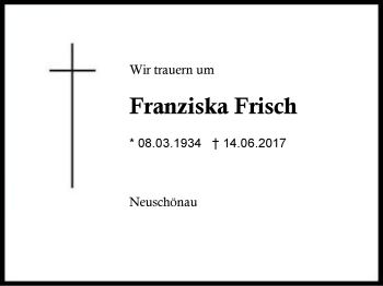 Traueranzeige von Franziska Frisch von Region Berchtesgadener Land