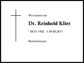 Traueranzeige von Reinhold Klier von Region Berchtesgadener Land