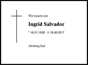 Traueranzeige von Ingrid Salvador von Region Berchtesgadener Land