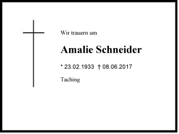 Traueranzeige von Amalie  Schneider von Region Chiemgau