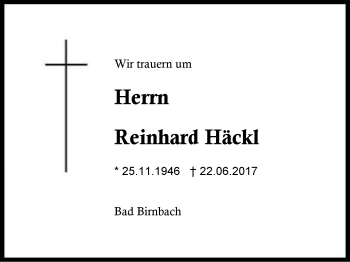 Traueranzeige von Reinhard Häckl von Region Berchtesgadener Land