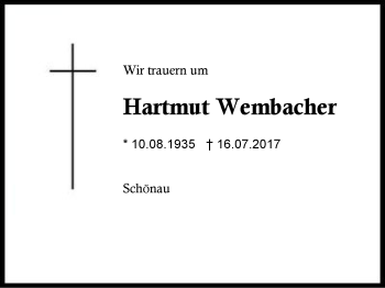 Traueranzeige von Hartmut Wembacher von Region Chiemgau