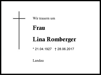 Traueranzeige von Lina Romberger von Region Berchtesgadener Land