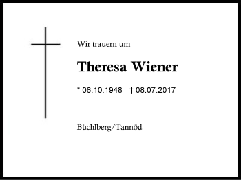 Traueranzeige von Theresa Wiener von Region Berchtesgadener Land