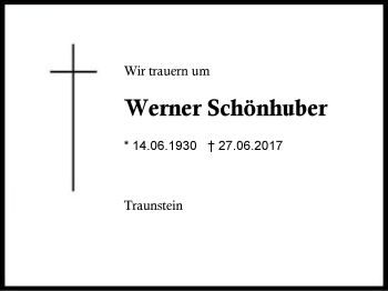 Traueranzeige von Werner Schönhuber von Region Chiemgau