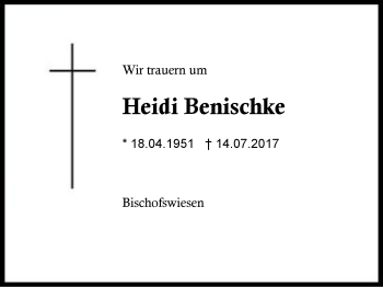 Traueranzeige von Heidi Benischke von Region Chiemgau