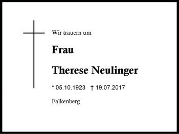 Traueranzeige von Therese Neulinger von Region Berchtesgadener Land