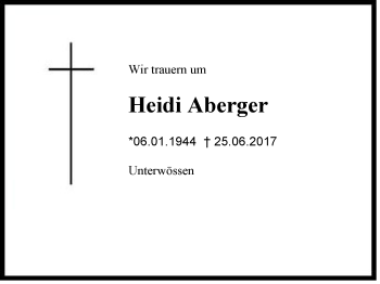 Traueranzeige von Heidi Aberger von Region Chiemgau