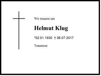 Traueranzeige von Helmut Klug von Region Chiemgau