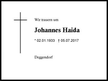 Traueranzeige von Johannes Haida von Region Berchtesgadener Land