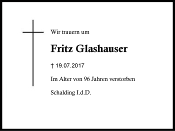 Traueranzeige von Fritz Glashauser von Region Berchtesgadener Land