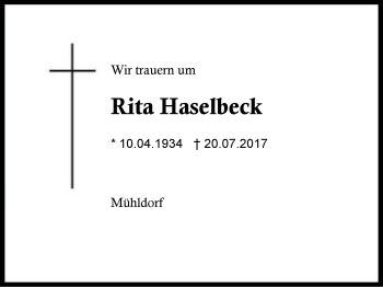 Traueranzeige von Rita Haselbeck von Region Berchtesgadener Land